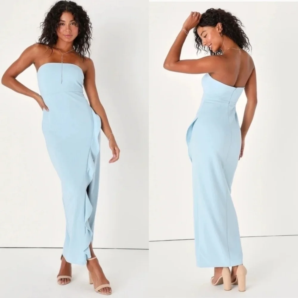 after hours light blue strapless ruffled maxi dress Caterina Strapless Tiered Ruffle Maxi Dress